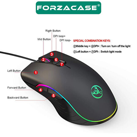 Forzacase RGB Işıklı Örgü Kablolu 7200 DPI Makrolu 7 Tuş Gaming Oyuncu Mouse - FC872