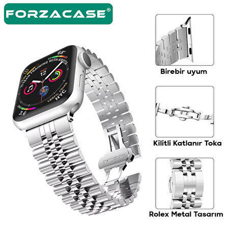 Forzacase Apple Watch 9 45mm ile uyumlu Rolex Tasarım Metal Kordon Kayış - FC878