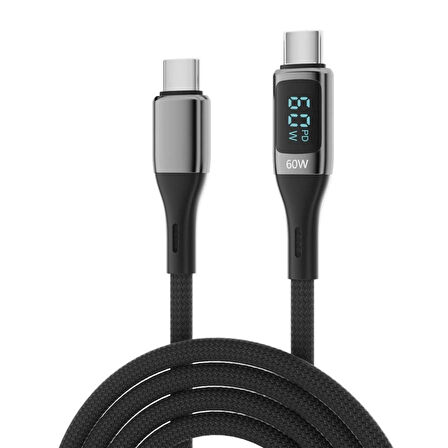 Forzacase Type-C to Type-C Örgülü LED Ekranlı 60W PD Hızlı Şarj Kablosu 1 metre - FC898