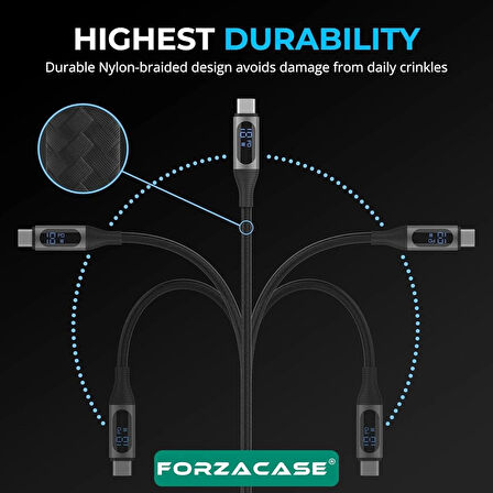 Forzacase Type-C to Type-C Örgülü LED Ekranlı 60W PD Hızlı Şarj Kablosu 1 metre - FC898