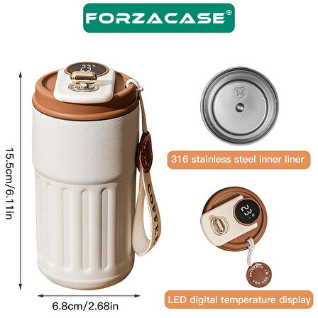 Forzacase 316 Paslanmaz Çelik Termometreli 450 ml 6 Saat Sıcak Soğuk Tutan Çay Kahve Termosu - FC944