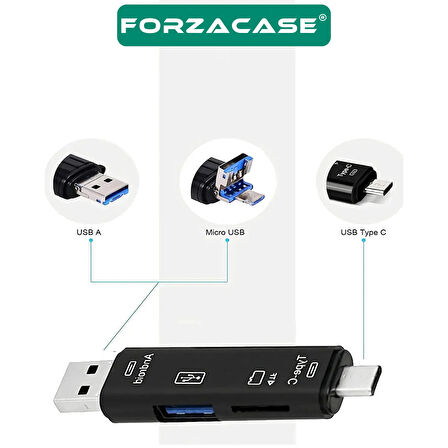 Forzacase USB 3.0 Type-C Micro USB Kart Okuyucu 5in1 USB OTG Micro SD/TF Çevirici - FC983