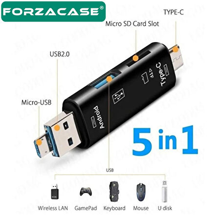 Forzacase USB 3.0 Type-C Micro USB Kart Okuyucu 5in1 USB OTG Micro SD/TF Çevirici - FC983