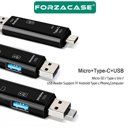 Forzacase USB 3.0 Type-C Micro USB Kart Okuyucu 5in1 USB OTG Micro SD/TF Çevirici - FC983