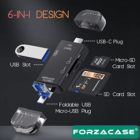 Forzacase USB 3.0 Type-C Micro USB Kart Okuyucu 6in1 USB OTG SD/TF Çok Fonksiyonlu Çevirici - FC984