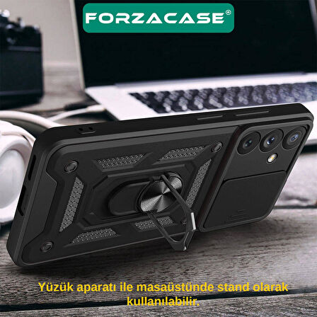 Forzacase Tecno Camon 20 Pro 5G ile uyumlu Ares Seri Yüzük Stand Kamera Korumalı Sürgülü Sert Kılıf