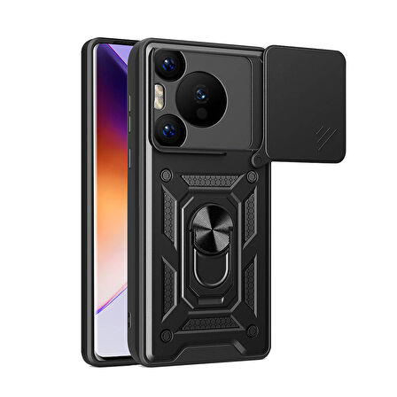 Forzacase Huawei Pura 70 Pro ile uyumlu Ares Serisi Yüzük Standlı Kamera Korumalı Sürgülü Sert Kılıf