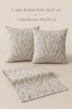 Fuly Consept Ekru ve Gold Dokulu 2’li Kırlent Kılıfı 43x43 ve Runner 30x120 Set