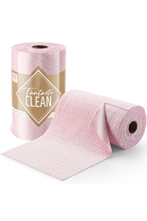 Çok Amaçlı Rulo Mikrofiber Temizlik Bezi 30x30 50 Yapraklı Desenli Pembe