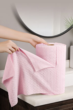 Çok Amaçlı Rulo Mikrofiber Temizlik Bezi 30x30 50 Yapraklı Desenli Pembe