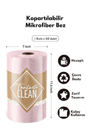 Çok Amaçlı Rulo Mikrofiber Temizlik Bezi 30x30 50 Yapraklı Desenli Pembe