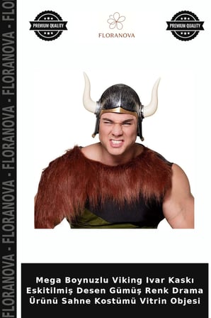 Mega Boynuzlu Viking Ivar Kaskı Eskitilmiş Desen Gümüş Renk Drama Ürünü Sahne Kostümü Vitrin Objesi