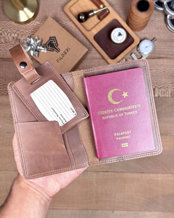 Pasaport Kabı ve Valiz Etiketi Hakiki Deri 2038 – Parlak Kahve