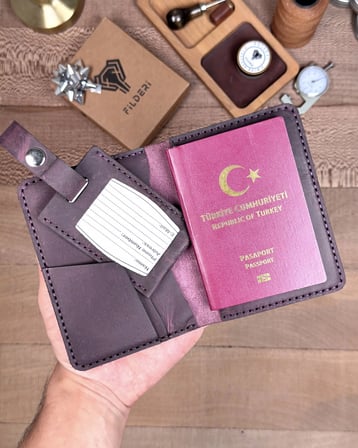 Deri Pasaport Kılıfı ve Valiz Etiketi Mor Renk 2038