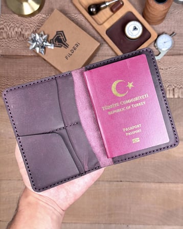 Deri Pasaport Kılıfı ve Valiz Etiketi Mor Renk 2038