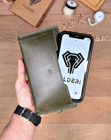 Yeşil Hakiki Deri, Telefon Bölmeli Büyük Fermuarlı Cüzdan | 2040