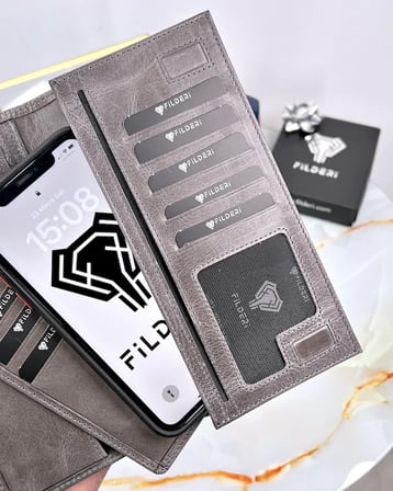 Telefon Bölmeli Cüzdan – Gri Renk, Mıknatıslı Hakiki Deri | 2047