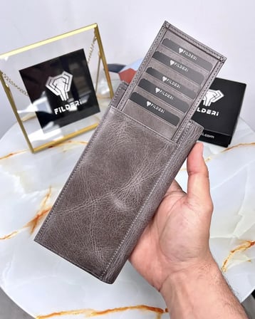 Telefon Bölmeli Cüzdan – Gri Renk, Mıknatıslı Hakiki Deri | 2047