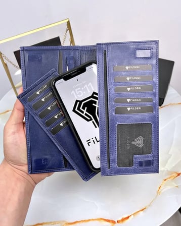 Telefon Bölmeli Erkek Cüzdan – Lacivert Renk, Mıknatıslı Hakiki Deri | 2047