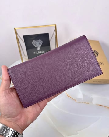 Telefon Bölmeli Kadın Cüzdan – Mor Guti Renk, Mıknatıslı Hakiki Deri | 2047