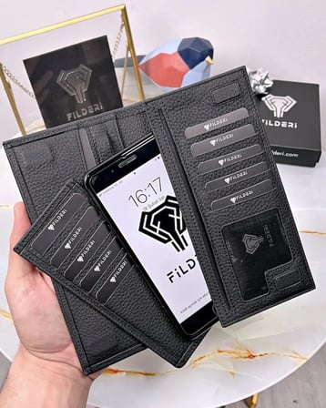 Telefon Bölmeli Cüzdan – Siyah Guti Renk, Mıknatıslı Hakiki Deri | 2047
