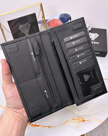Telefon Bölmeli Cüzdan – Siyah Guti Renk, Mıknatıslı Hakiki Deri | 2047