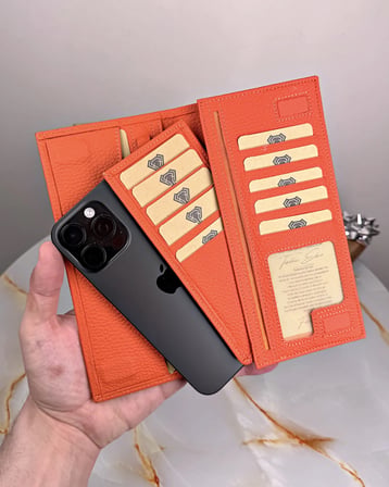 Telefon Bölmeli Kadın Cüzdan – Turuncu Renk, Mıknatıslı Hakiki Deri | 2047