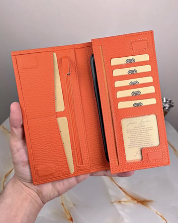 Telefon Bölmeli Kadın Cüzdan – Turuncu Renk, Mıknatıslı Hakiki Deri | 2047