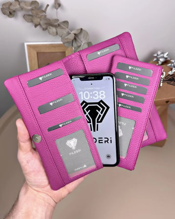 Telefon Bölmeli Cüzdan – Hakiki Deri, Kartlıklı, Fuşya | 2134
