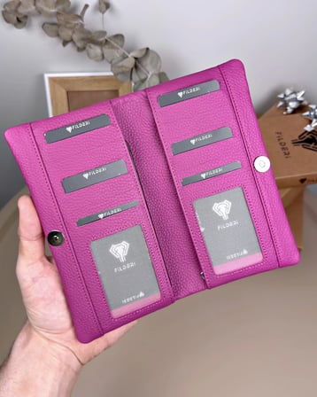 Telefon Bölmeli Cüzdan – Hakiki Deri, Kartlıklı, Fuşya | 2134