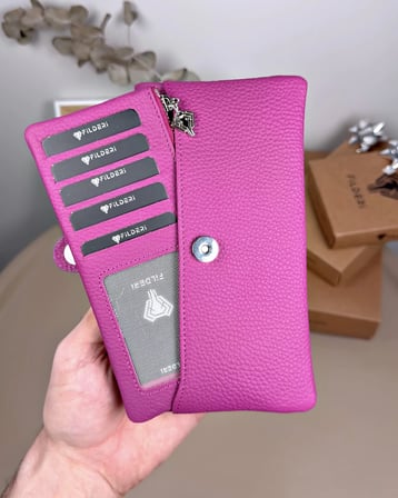 Telefon Bölmeli Cüzdan – Hakiki Deri, Kartlıklı, Fuşya | 2134