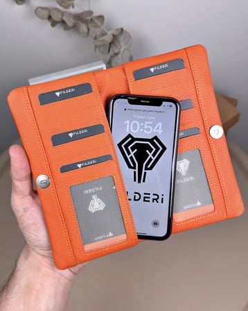 Telefon Bölmeli Cüzdan – Hakiki Deri, Kartlıklı, Turuncu | 2134