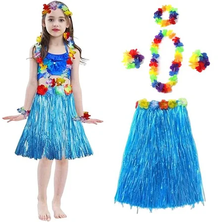 Marsilyan Hawaii Luau Aloha Kostüm Seti Mavi Püsküllü Etek Kolye Taç ve Bileklik Çok Renkli Unisex