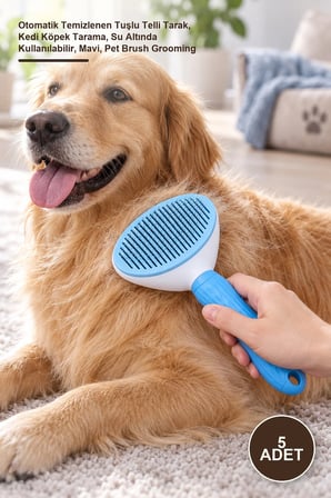 5 Adet Evcil Hayvan Tüy Tarağı – Otomatik Temizlenen Tuşlu Telli Tarak, Kedi Köpek Tarama, Su Altında Kullanılabilir, Mavi, Pet Brush Grooming