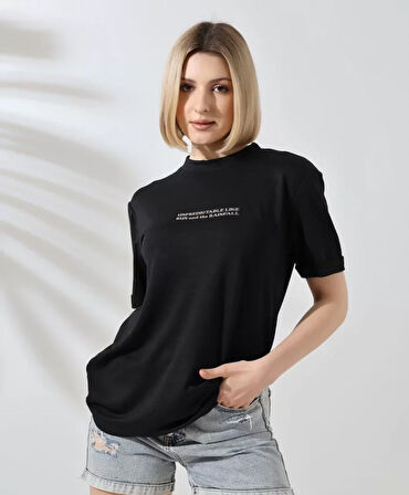 FD GİYİM Unisex Bisiklet Yaka Baskılı Slim Fit T-Shirt - Siyah