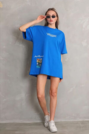 FD GİYİM Unisex Bisiklet Yaka Baskılı Oversize T-Shirt - Mavi