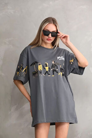 FD GİYİM Unisex Bisiklet Yaka Baskılı Oversize T-Shirt - Gri
