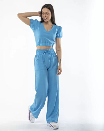 FD GİYİM Kadin Keten Pantalon Ve Crop Takım - Mavi