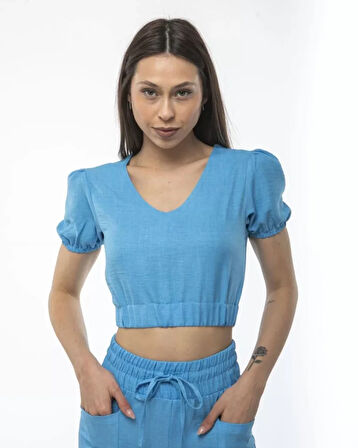 FD GİYİM Kadin Keten Pantalon Ve Crop Takım - Mavi