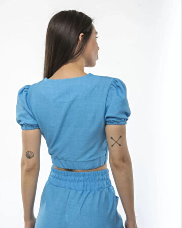 FD GİYİM Kadin Keten Pantalon Ve Crop Takım - Mavi