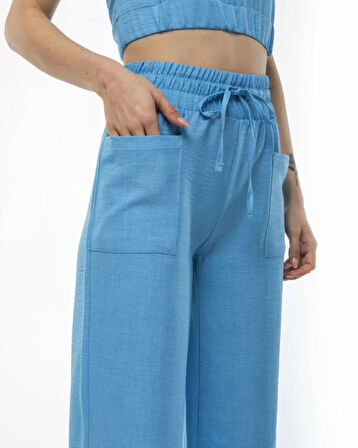 FD GİYİM Kadin Keten Pantalon Ve Crop Takım - Mavi