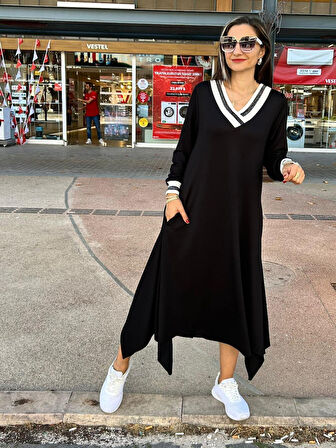 FD GİYİM Kadın Uzun Kollu Ribana Detay Eteği Asimetrik Kesim Modal Kumaş Elbise