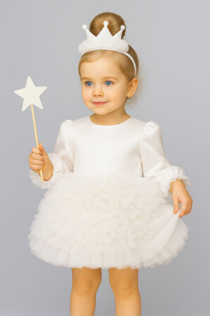 Kız Bebek Çocuk Elbise Uzun Kollu Tüllü Tütü Özel Gün Parti Doğum Günü Prenses Saten Abiye Elbise