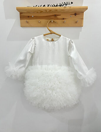 Kız Bebek Çocuk Elbise Uzun Kollu Tüllü Tütü Özel Gün Parti Doğum Günü Prenses Saten Abiye Elbise