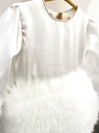 Kız Bebek Çocuk Elbise Uzun Kollu Tüllü Tütü Özel Gün Parti Doğum Günü Prenses Saten Abiye Elbise