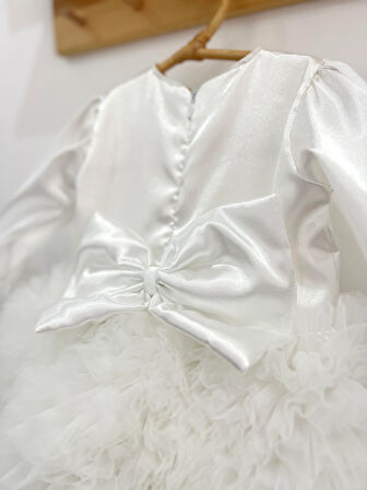 Kız Bebek Çocuk Elbise Uzun Kollu Tüllü Tütü Özel Gün Parti Doğum Günü Prenses Saten Abiye Elbise