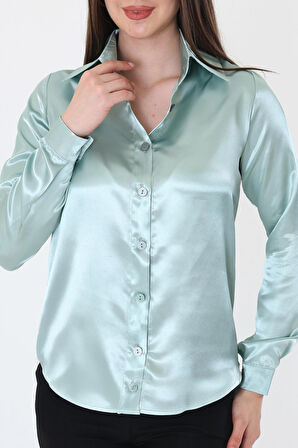 Kadın Hafif Dökümlü Mint Yeşil Saten Gömlek