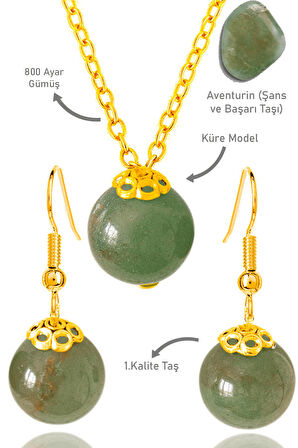 Sertifikalı Gold Küre Model Yeşim Taşı Kolye Ve Küpe Seti - Gümüş Aparatlı