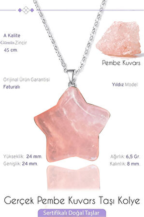 Sertifikalı Gerçek Yıldız Model Pembe Kuvars Taşı Kolye - Gümüş Aparatlı