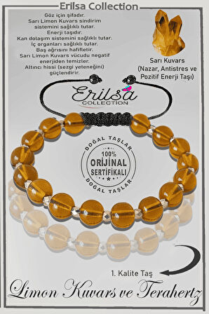 Sertifikalı Gerçek Silver Hematit - Sarı Limon Kuvars Taşı Bileklik - Ayarlamalı